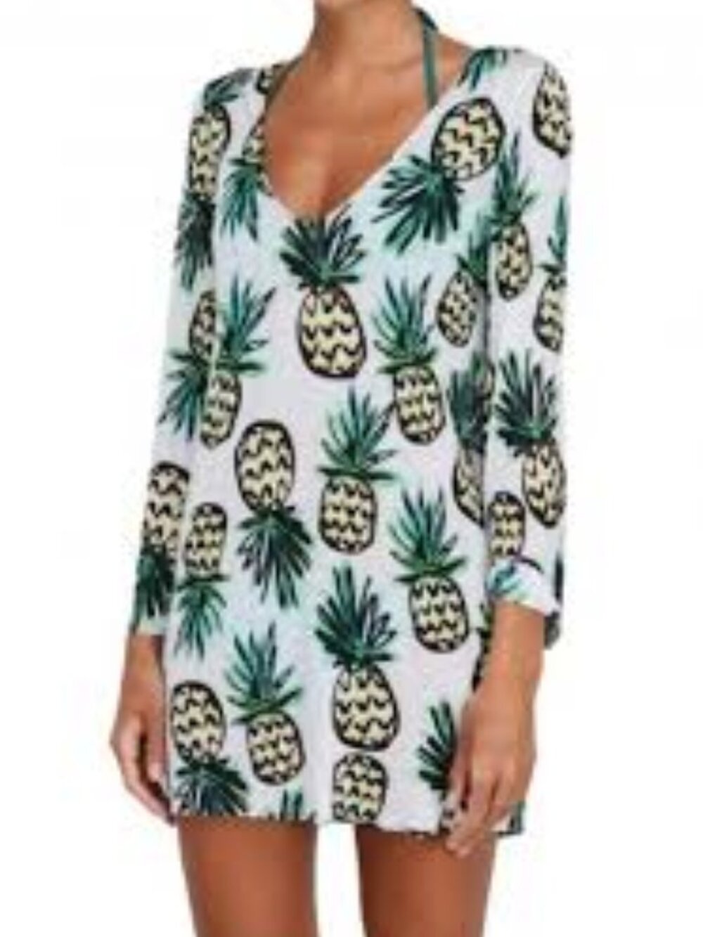Milly Cabana White Green & Yellow Long Sleeve Pineapple Print Tunic Coverup Sz S
